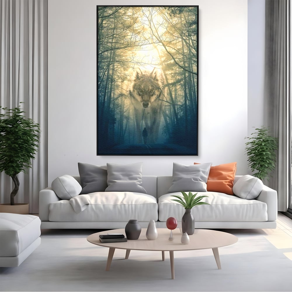 Leinwand Wandkunst Canvas Wall Art Premium, LuxCanva® M1460, Der Wolf in der Geschichte, Auto, Straße, Mann, Wolf, Riese, Alpha, Flut, Gezeiten, Ellenbogen, Wald, Allianz, Reise, Büro, Wohnen, Kinderzimmer