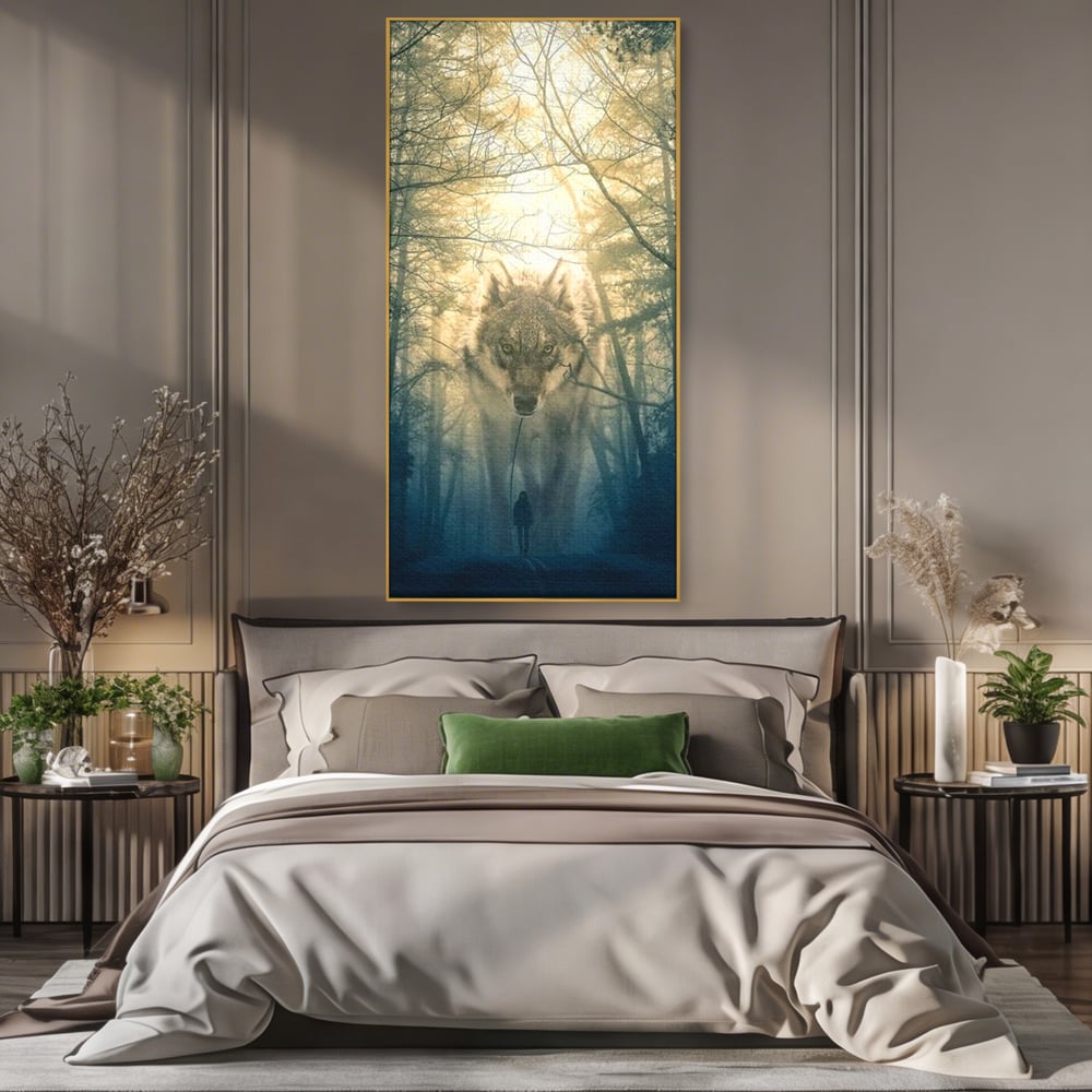Leinwand Wandkunst Canvas Wall Art Premium, LuxCanva® M1460, Der Wolf in der Geschichte, Auto, Straße, Mann, Wolf, Riese, Alpha, Flut, Gezeiten, Ellenbogen, Wald, Allianz, Reise, Büro, Wohnen, Kinderzimmer