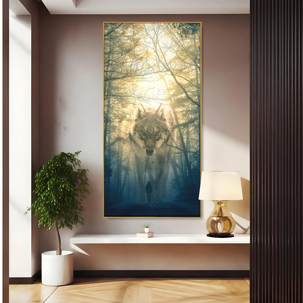 Leinwand Wandkunst Canvas Wall Art Premium, LuxCanva® M1460, Der Wolf in der Geschichte, Auto, Straße, Mann, Wolf, Riese, Alpha, Flut, Gezeiten, Ellenbogen, Wald, Allianz, Reise, Büro, Wohnen, Kinderzimmer