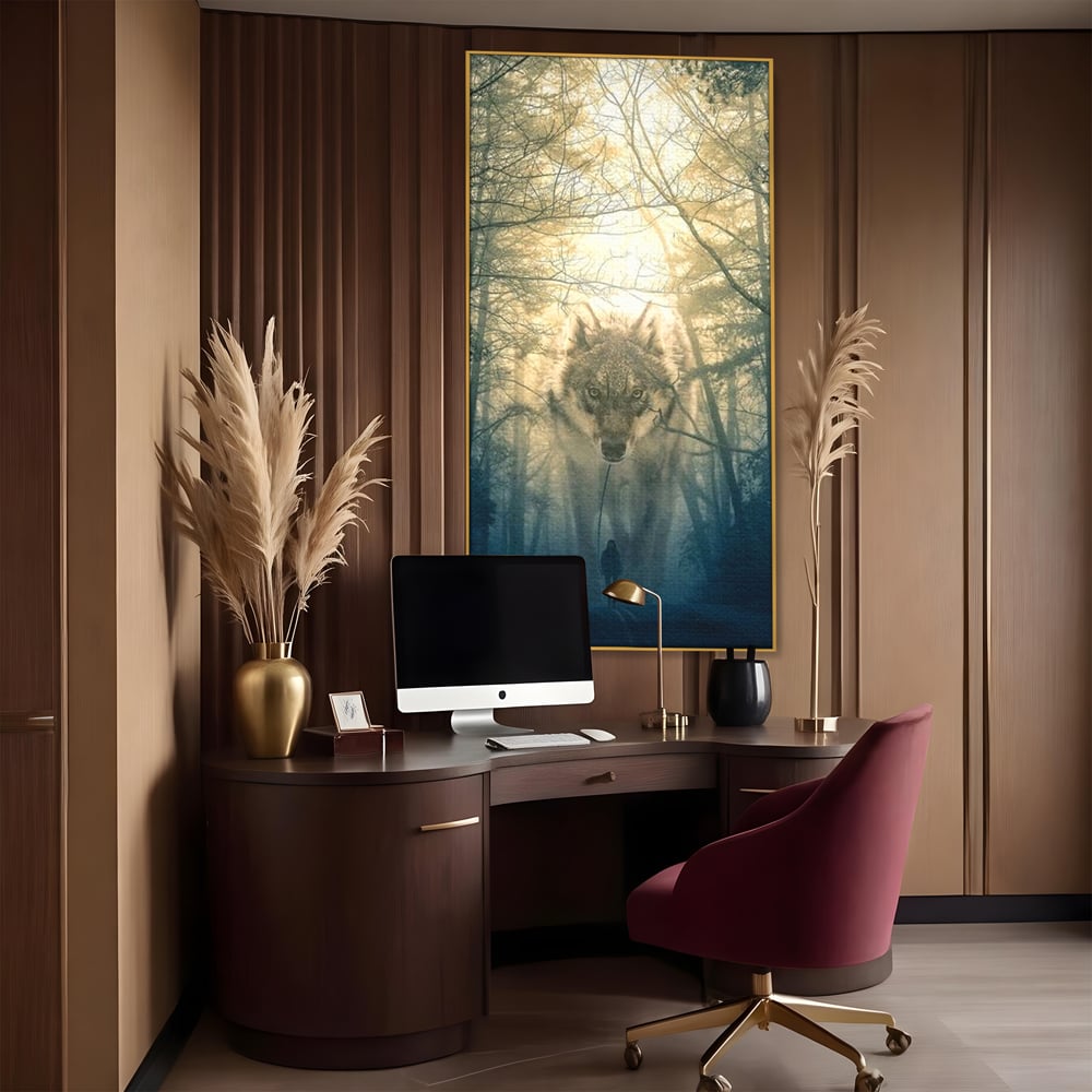 Leinwand Wandkunst Canvas Wall Art Premium, LuxCanva® M1460, Der Wolf in der Geschichte, Auto, Straße, Mann, Wolf, Riese, Alpha, Flut, Gezeiten, Ellenbogen, Wald, Allianz, Reise, Büro, Wohnen, Kinderzimmer