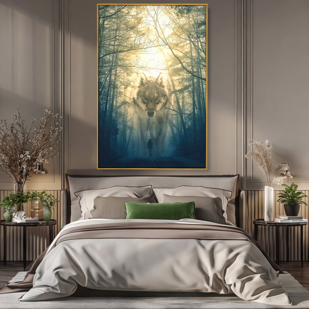 Leinwand Wandkunst Canvas Wall Art Premium, LuxCanva® M1460, Der Wolf in der Geschichte, Auto, Straße, Mann, Wolf, Riese, Alpha, Flut, Gezeiten, Ellenbogen, Wald, Allianz, Reise, Büro, Wohnen, Kinderzimmer