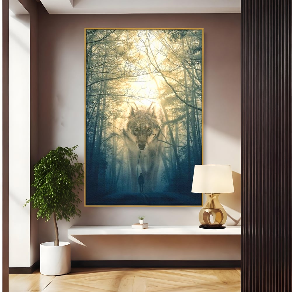 Leinwand Wandkunst Canvas Wall Art Premium, LuxCanva® M1460, Der Wolf in der Geschichte, Auto, Straße, Mann, Wolf, Riese, Alpha, Flut, Gezeiten, Ellenbogen, Wald, Allianz, Reise, Büro, Wohnen, Kinderzimmer