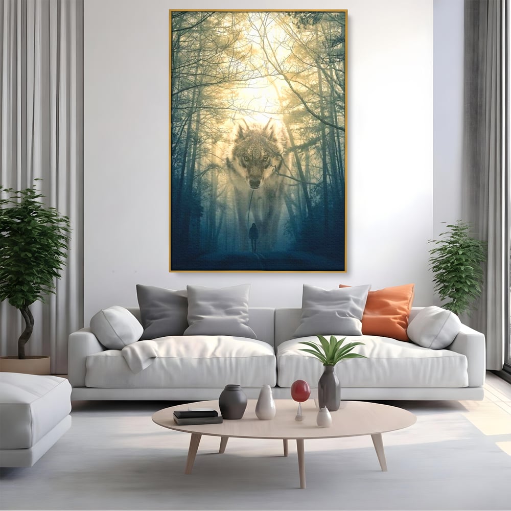 Leinwand Wandkunst Canvas Wall Art Premium, LuxCanva® M1460, Der Wolf in der Geschichte, Auto, Straße, Mann, Wolf, Riese, Alpha, Flut, Gezeiten, Ellenbogen, Wald, Allianz, Reise, Büro, Wohnen, Kinderzimmer