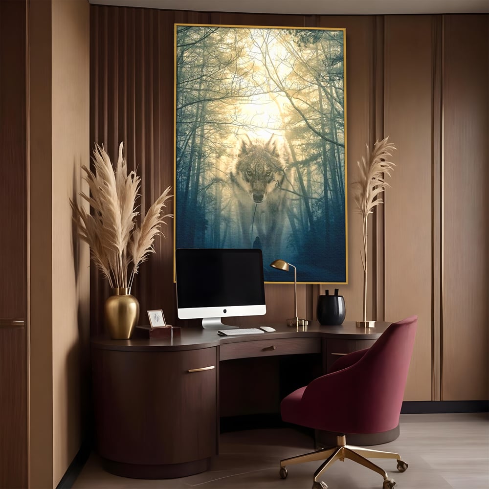 Leinwand Wandkunst Canvas Wall Art Premium, LuxCanva® M1460, Der Wolf in der Geschichte, Auto, Straße, Mann, Wolf, Riese, Alpha, Flut, Gezeiten, Ellenbogen, Wald, Allianz, Reise, Büro, Wohnen, Kinderzimmer