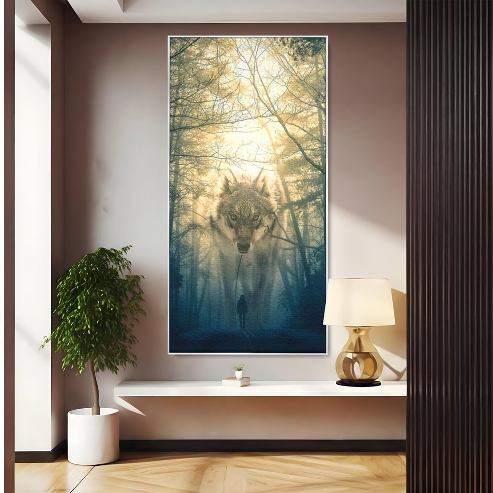 Leinwand Wandkunst Canvas Wall Art Premium, LuxCanva® M1460, Der Wolf in der Geschichte, Auto, Straße, Mann, Wolf, Riese, Alpha, Flut, Gezeiten, Ellenbogen, Wald, Allianz, Reise, Büro, Wohnen, Kinderzimmer