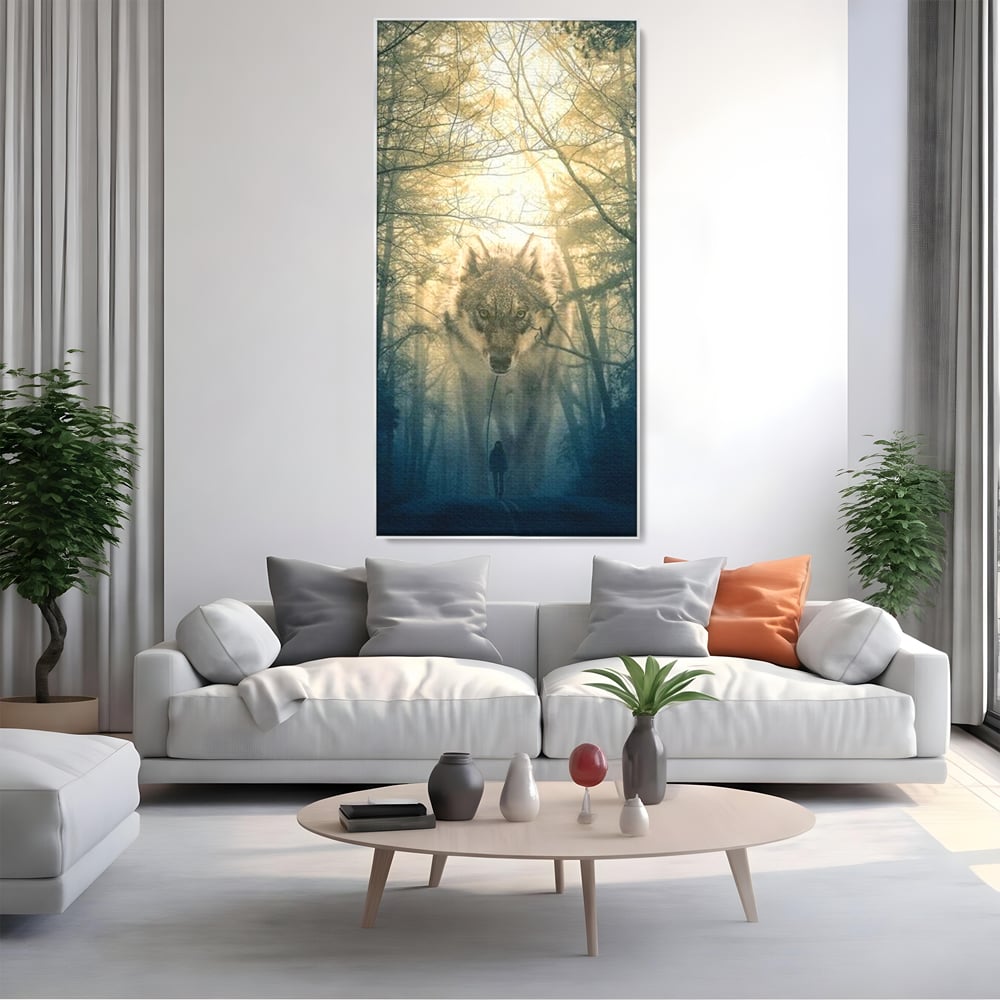 Leinwand Wandkunst Canvas Wall Art Premium, LuxCanva® M1460, Der Wolf in der Geschichte, Auto, Straße, Mann, Wolf, Riese, Alpha, Flut, Gezeiten, Ellenbogen, Wald, Allianz, Reise, Büro, Wohnen, Kinderzimmer