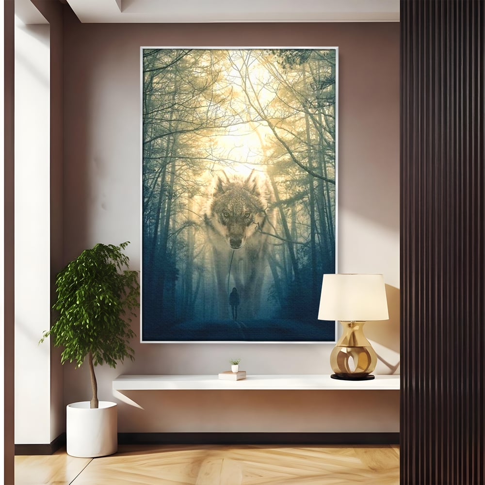 Leinwand Wandkunst Canvas Wall Art Premium, LuxCanva® M1460, Der Wolf in der Geschichte, Auto, Straße, Mann, Wolf, Riese, Alpha, Flut, Gezeiten, Ellenbogen, Wald, Allianz, Reise, Büro, Wohnen, Kinderzimmer