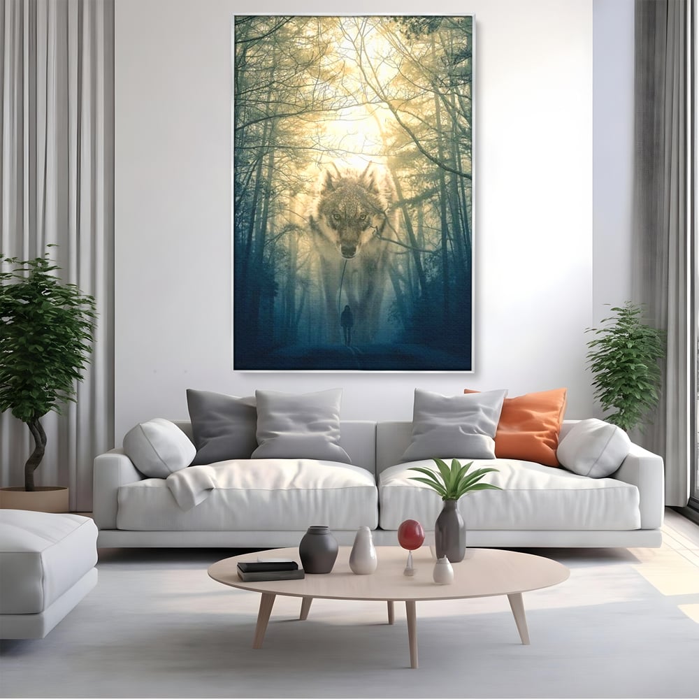 Leinwand Wandkunst Canvas Wall Art Premium, LuxCanva® M1460, Der Wolf in der Geschichte, Auto, Straße, Mann, Wolf, Riese, Alpha, Flut, Gezeiten, Ellenbogen, Wald, Allianz, Reise, Büro, Wohnen, Kinderzimmer