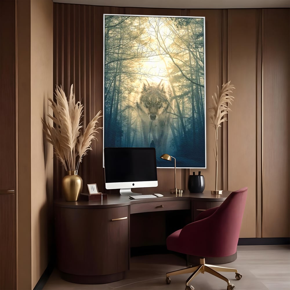 Leinwand Wandkunst Canvas Wall Art Premium, LuxCanva® M1460, Der Wolf in der Geschichte, Auto, Straße, Mann, Wolf, Riese, Alpha, Flut, Gezeiten, Ellenbogen, Wald, Allianz, Reise, Büro, Wohnen, Kinderzimmer