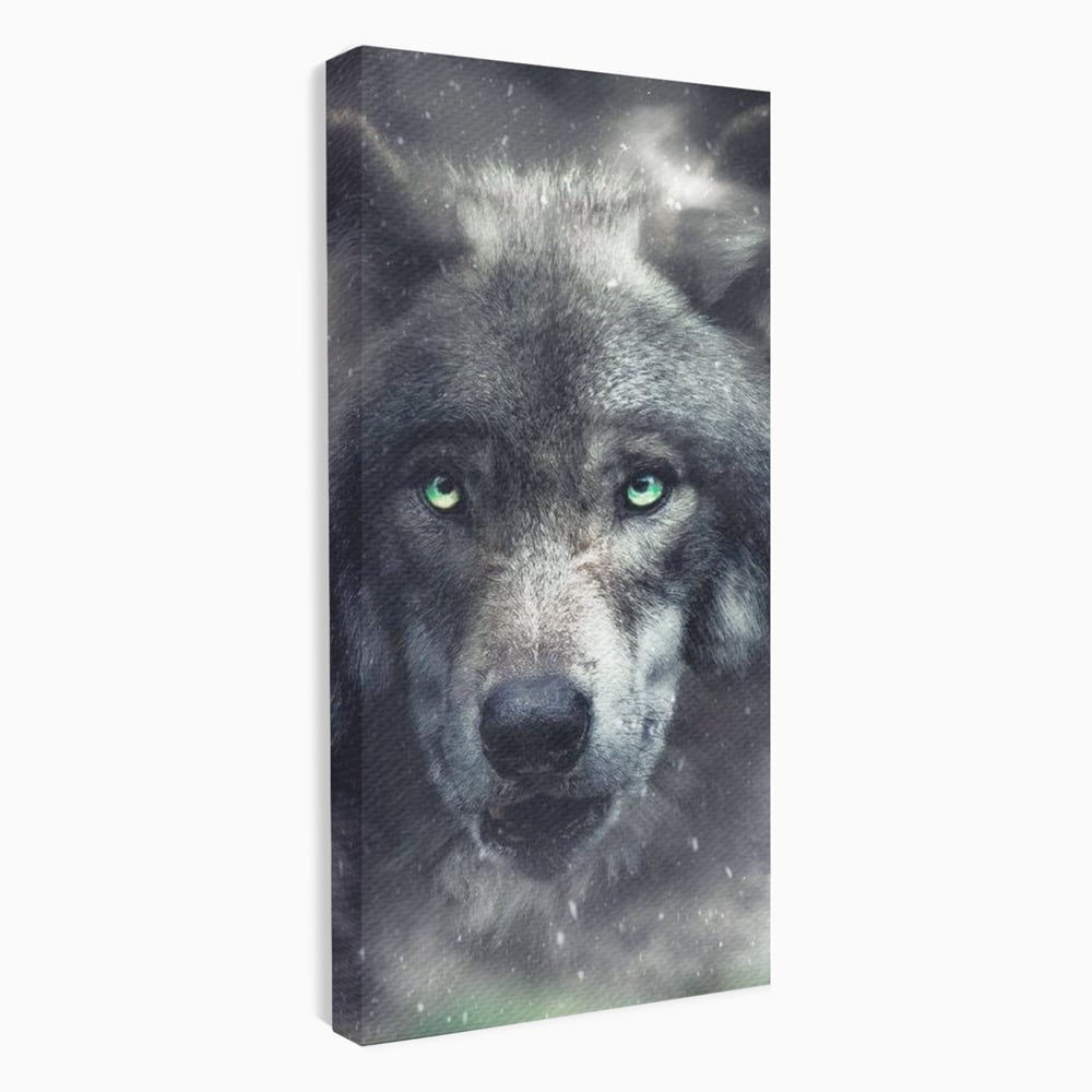 Leinwandbilder Premium, LuxCanva® M1461, Smaragdgrüner Blick, Augen, Intensiv, Mystisch, Tier, Geist, Geist, Nebel, Wolf, Magie, Rätsel, Abgrund, Nächtlich, Grün, Büro, Wohnen, Kinderzimmer