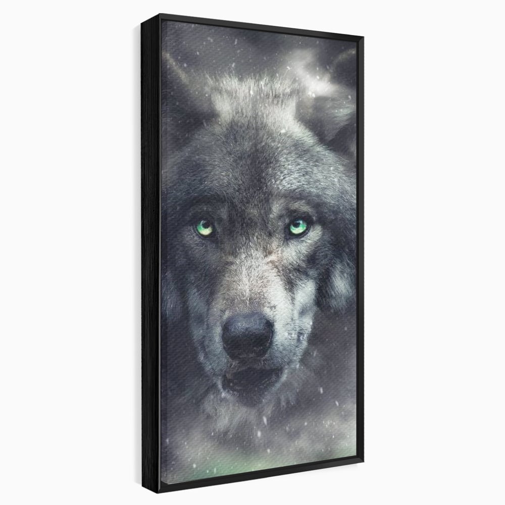 Leinwandbilder Premium, LuxCanva® M1461, Smaragdgrüner Blick, Augen, Intensiv, Mystisch, Tier, Geist, Geist, Nebel, Wolf, Magie, Rätsel, Abgrund, Nächtlich, Grün, Büro, Wohnen, Kinderzimmer