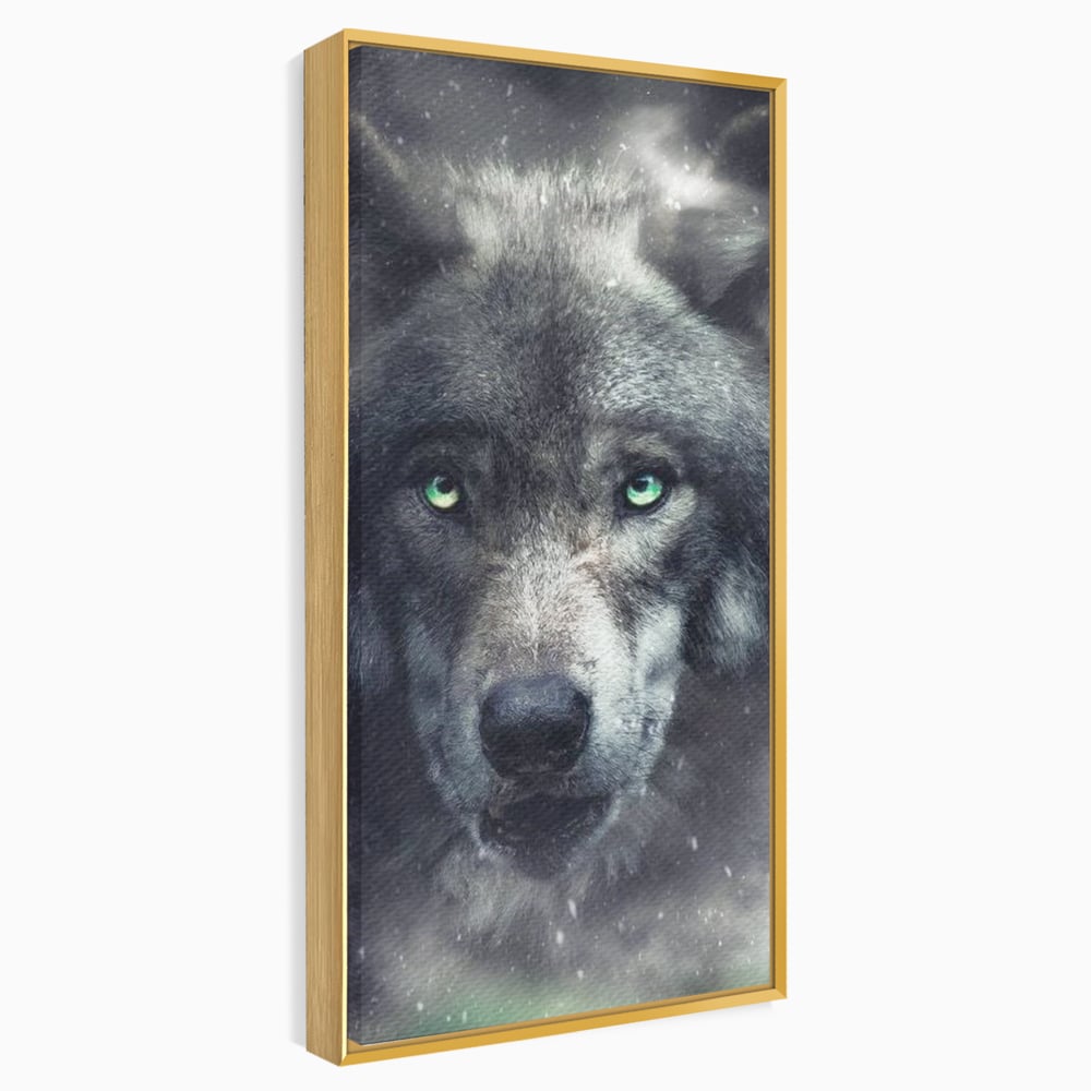 Leinwandbilder Premium, LuxCanva® M1461, Smaragdgrüner Blick, Augen, Intensiv, Mystisch, Tier, Geist, Geist, Nebel, Wolf, Magie, Rätsel, Abgrund, Nächtlich, Grün, Büro, Wohnen, Kinderzimmer