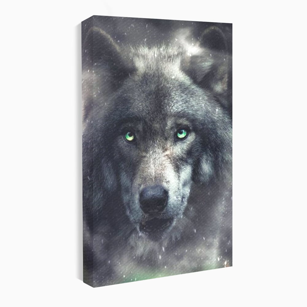 Leinwandbilder Premium, LuxCanva® M1461, Smaragdgrüner Blick, Augen, Intensiv, Mystisch, Tier, Geist, Geist, Nebel, Wolf, Magie, Rätsel, Abgrund, Nächtlich, Grün, Büro, Wohnen, Kinderzimmer