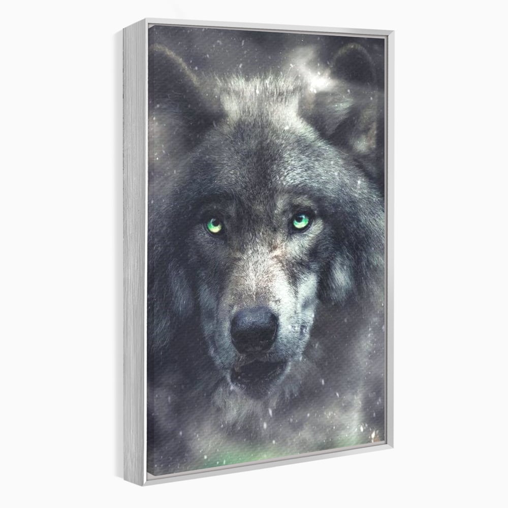 Leinwandbilder Premium, LuxCanva® M1461, Smaragdgrüner Blick, Augen, Intensiv, Mystisch, Tier, Geist, Geist, Nebel, Wolf, Magie, Rätsel, Abgrund, Nächtlich, Grün, Büro, Wohnen, Kinderzimmer