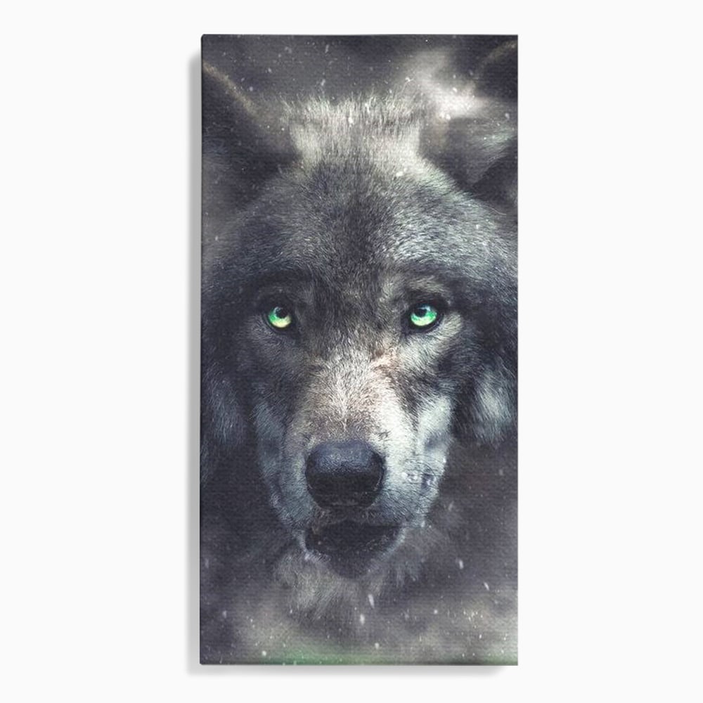 Leinwandbilder Premium, LuxCanva® M1461, Smaragdgrüner Blick, Augen, Intensiv, Mystisch, Tier, Geist, Geist, Nebel, Wolf, Magie, Rätsel, Abgrund, Nächtlich, Grün, Büro, Wohnen, Kinderzimmer