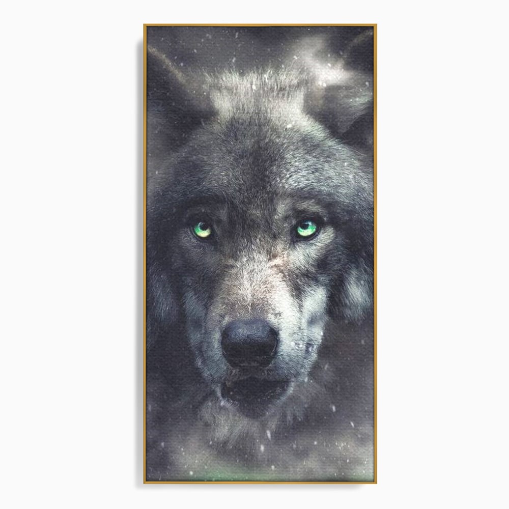 Leinwandbilder Premium, LuxCanva® M1461, Smaragdgrüner Blick, Augen, Intensiv, Mystisch, Tier, Geist, Geist, Nebel, Wolf, Magie, Rätsel, Abgrund, Nächtlich, Grün, Büro, Wohnen, Kinderzimmer