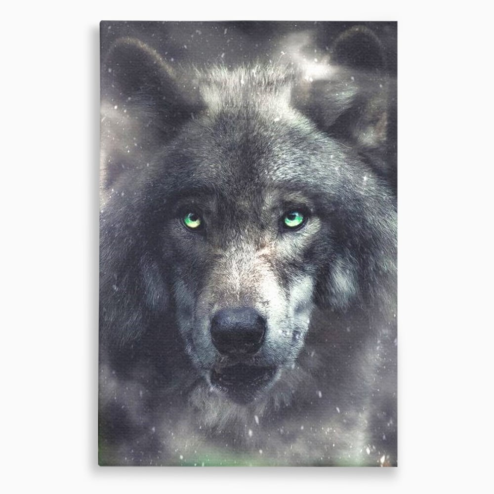 Leinwandbilder Premium, LuxCanva® M1461, Smaragdgrüner Blick, Augen, Intensiv, Mystisch, Tier, Geist, Geist, Nebel, Wolf, Magie, Rätsel, Abgrund, Nächtlich, Grün, Büro, Wohnen, Kinderzimmer