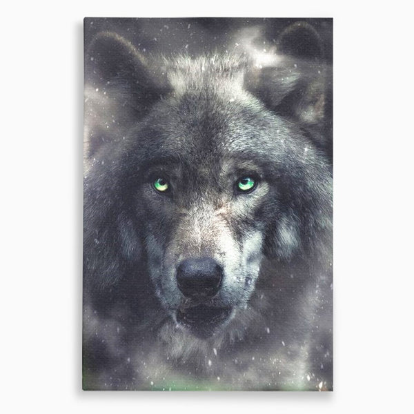 Leinwandbilder Premium, LuxCanva® M1461, Smaragdgrüner Blick, Augen, Intensiv, Mystisch, Tier, Geist, Geist, Nebel, Wolf, Magie, Rätsel, Abgrund, Nächtlich, Grün, Büro, Wohnen, Kinderzimmer