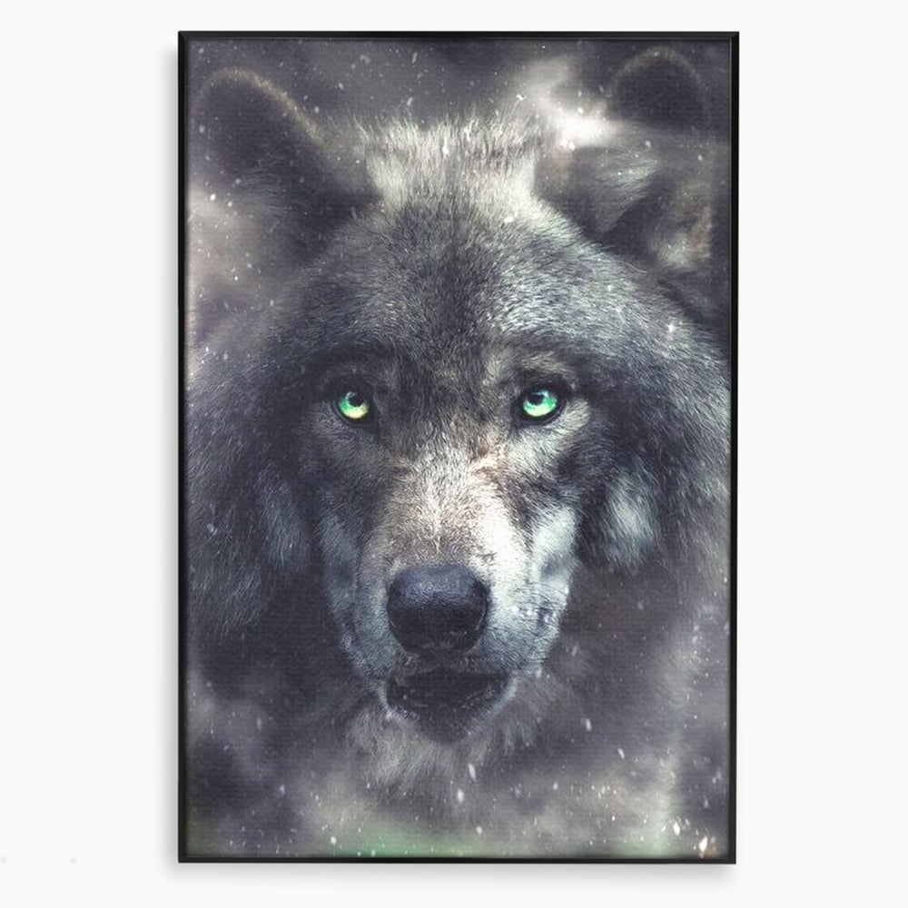Leinwandbilder Premium, LuxCanva® M1461, Smaragdgrüner Blick, Augen, Intensiv, Mystisch, Tier, Geist, Geist, Nebel, Wolf, Magie, Rätsel, Abgrund, Nächtlich, Grün, Büro, Wohnen, Kinderzimmer