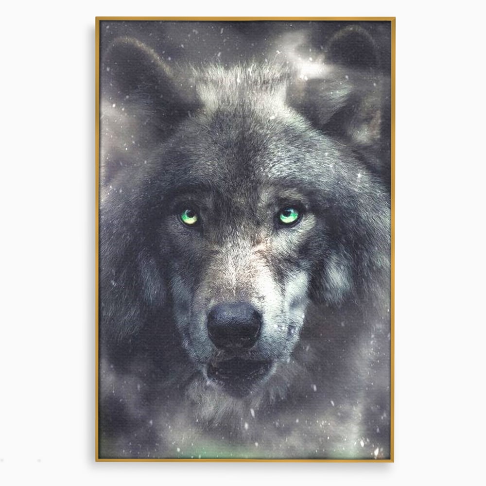 Leinwandbilder Premium, LuxCanva® M1461, Smaragdgrüner Blick, Augen, Intensiv, Mystisch, Tier, Geist, Geist, Nebel, Wolf, Magie, Rätsel, Abgrund, Nächtlich, Grün, Büro, Wohnen, Kinderzimmer