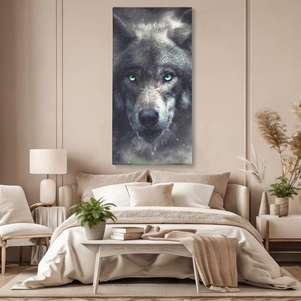 Leinwandbilder Premium, LuxCanva® M1461, Smaragdgrüner Blick, Augen, Intensiv, Mystisch, Tier, Geist, Geist, Nebel, Wolf, Magie, Rätsel, Abgrund, Nächtlich, Grün, Büro, Wohnen, Kinderzimmer