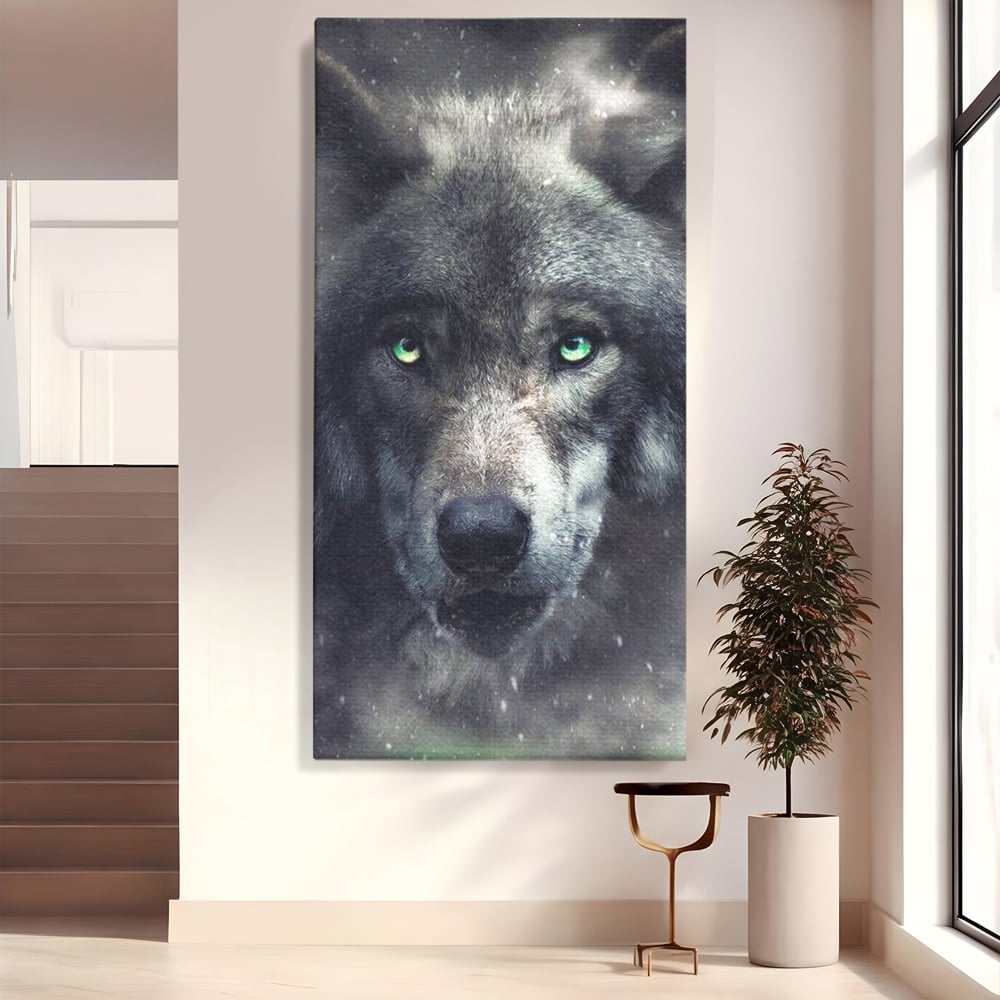 Leinwandbilder Premium, LuxCanva® M1461, Smaragdgrüner Blick, Augen, Intensiv, Mystisch, Tier, Geist, Geist, Nebel, Wolf, Magie, Rätsel, Abgrund, Nächtlich, Grün, Büro, Wohnen, Kinderzimmer