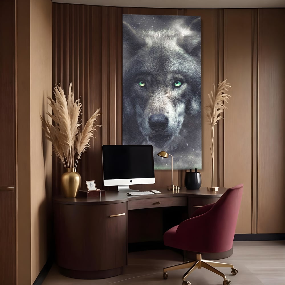 Leinwandbilder Premium, LuxCanva® M1461, Smaragdgrüner Blick, Augen, Intensiv, Mystisch, Tier, Geist, Geist, Nebel, Wolf, Magie, Rätsel, Abgrund, Nächtlich, Grün, Büro, Wohnen, Kinderzimmer