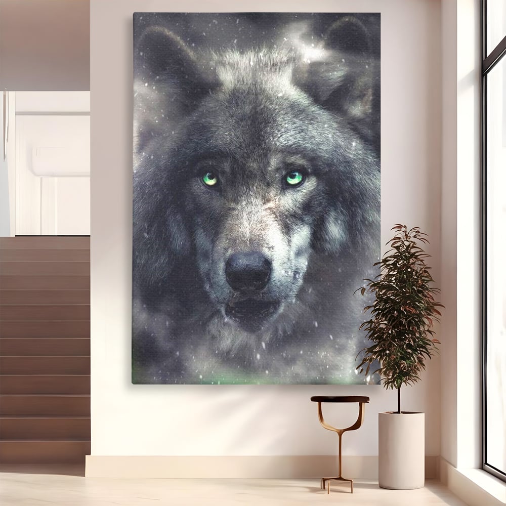 Leinwandbilder Premium, LuxCanva® M1461, Smaragdgrüner Blick, Augen, Intensiv, Mystisch, Tier, Geist, Geist, Nebel, Wolf, Magie, Rätsel, Abgrund, Nächtlich, Grün, Büro, Wohnen, Kinderzimmer