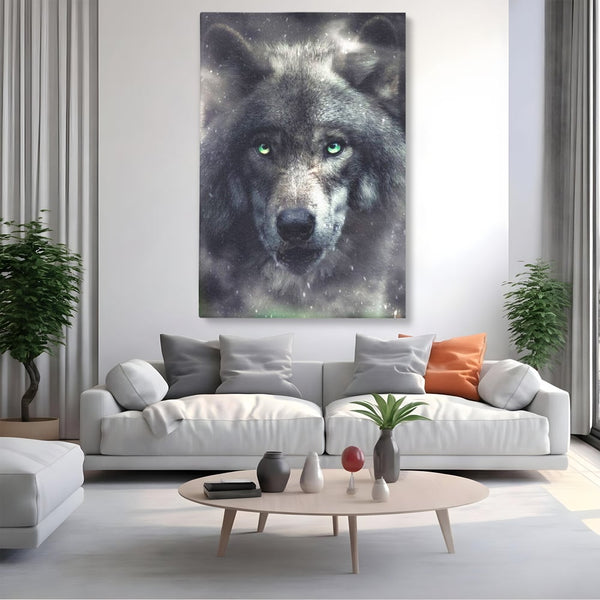 Leinwandbilder Premium, LuxCanva® M1461, Smaragdgrüner Blick, Augen, Intensiv, Mystisch, Tier, Geist, Geist, Nebel, Wolf, Magie, Rätsel, Abgrund, Nächtlich, Grün, Büro, Wohnen, Kinderzimmer