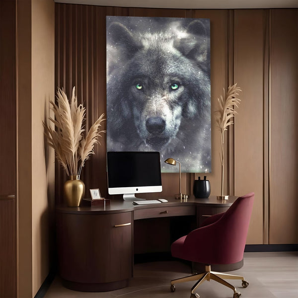 Leinwandbilder Premium, LuxCanva® M1461, Smaragdgrüner Blick, Augen, Intensiv, Mystisch, Tier, Geist, Geist, Nebel, Wolf, Magie, Rätsel, Abgrund, Nächtlich, Grün, Büro, Wohnen, Kinderzimmer