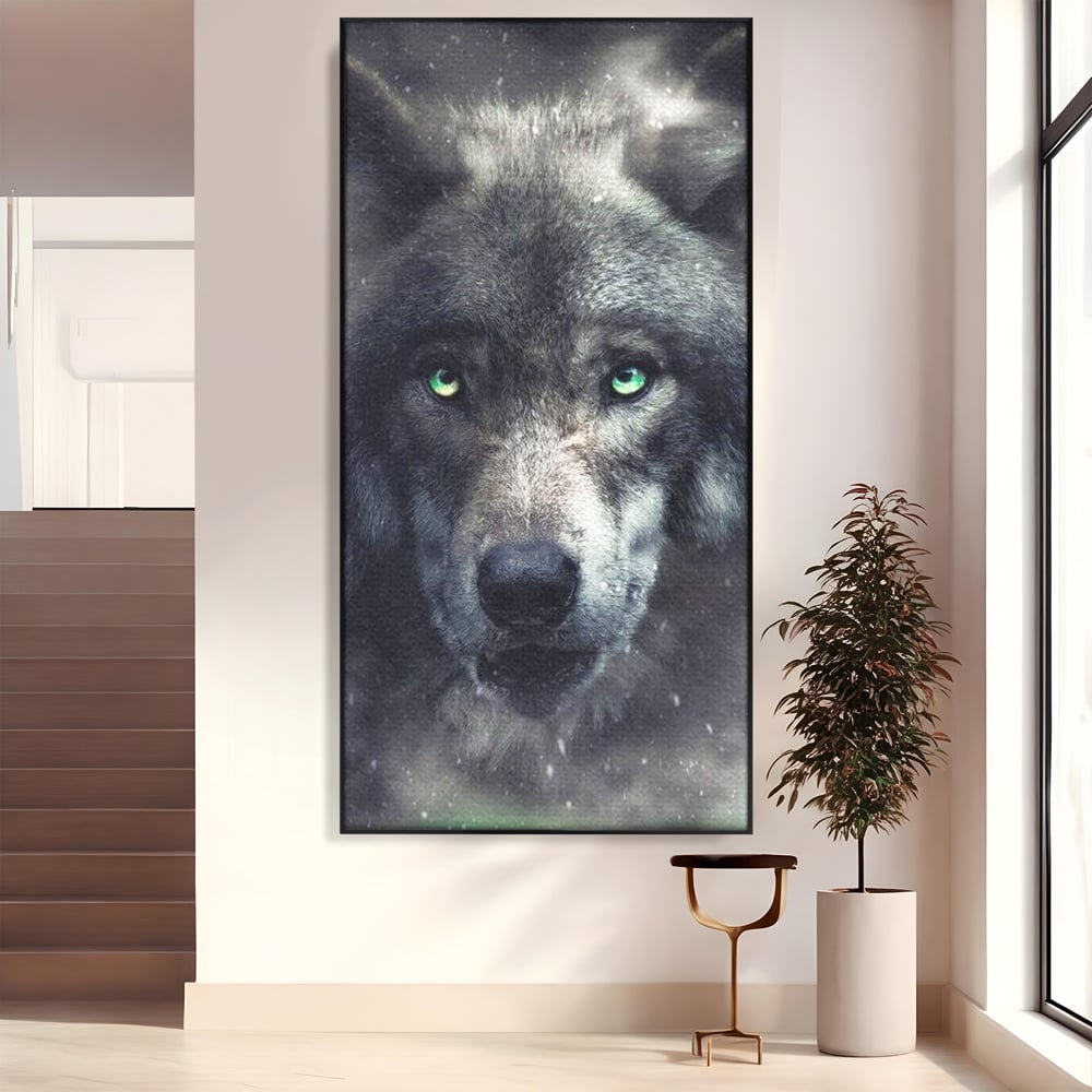 Leinwandbilder Premium, LuxCanva® M1461, Smaragdgrüner Blick, Augen, Intensiv, Mystisch, Tier, Geist, Geist, Nebel, Wolf, Magie, Rätsel, Abgrund, Nächtlich, Grün, Büro, Wohnen, Kinderzimmer