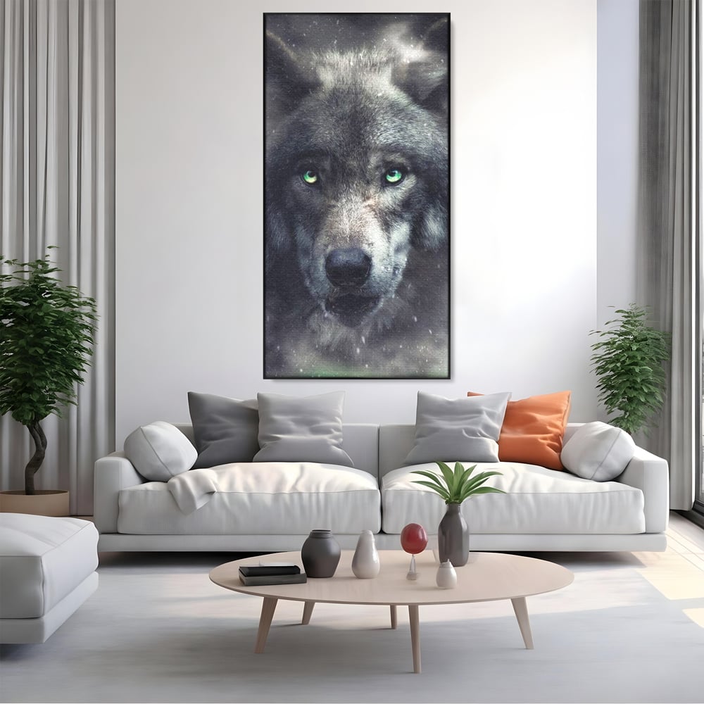 Leinwandbilder Premium, LuxCanva® M1461, Smaragdgrüner Blick, Augen, Intensiv, Mystisch, Tier, Geist, Geist, Nebel, Wolf, Magie, Rätsel, Abgrund, Nächtlich, Grün, Büro, Wohnen, Kinderzimmer