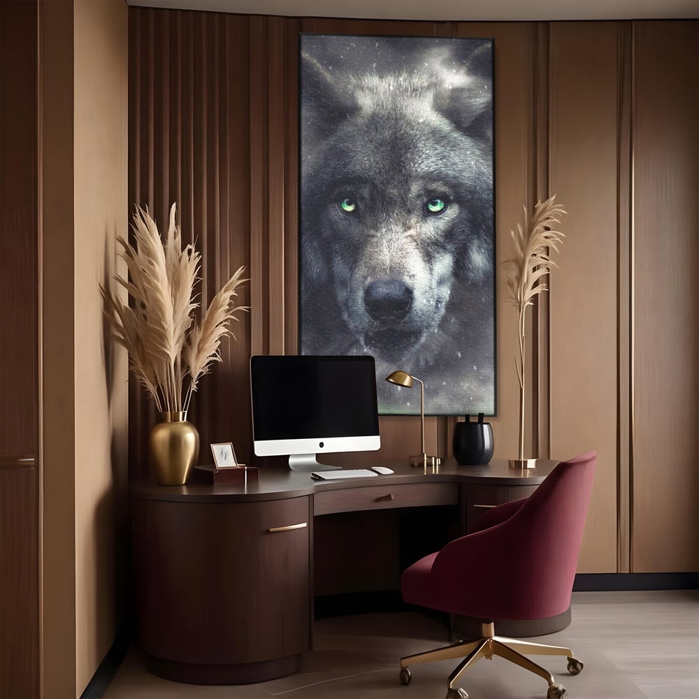 Leinwandbilder Premium, LuxCanva® M1461, Smaragdgrüner Blick, Augen, Intensiv, Mystisch, Tier, Geist, Geist, Nebel, Wolf, Magie, Rätsel, Abgrund, Nächtlich, Grün, Büro, Wohnen, Kinderzimmer