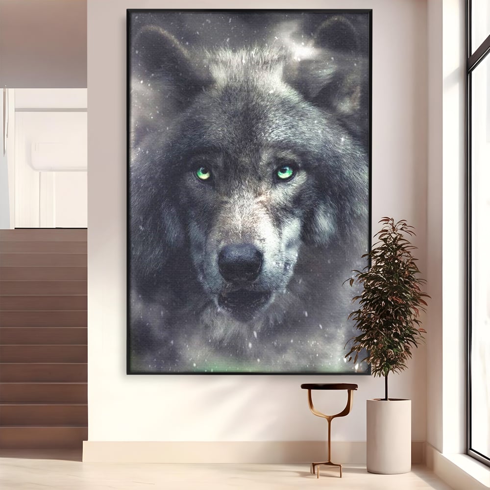 Leinwandbilder Premium, LuxCanva® M1461, Smaragdgrüner Blick, Augen, Intensiv, Mystisch, Tier, Geist, Geist, Nebel, Wolf, Magie, Rätsel, Abgrund, Nächtlich, Grün, Büro, Wohnen, Kinderzimmer