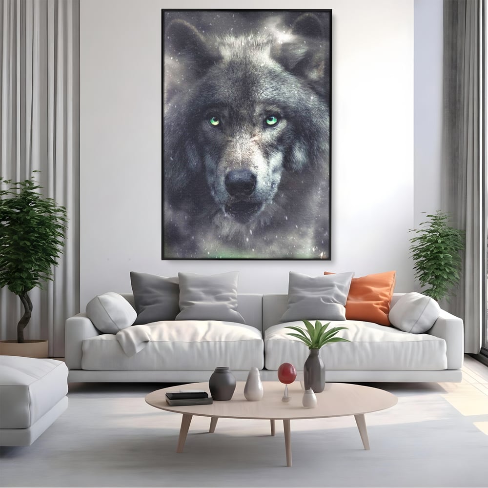 Leinwandbilder Premium, LuxCanva® M1461, Smaragdgrüner Blick, Augen, Intensiv, Mystisch, Tier, Geist, Geist, Nebel, Wolf, Magie, Rätsel, Abgrund, Nächtlich, Grün, Büro, Wohnen, Kinderzimmer