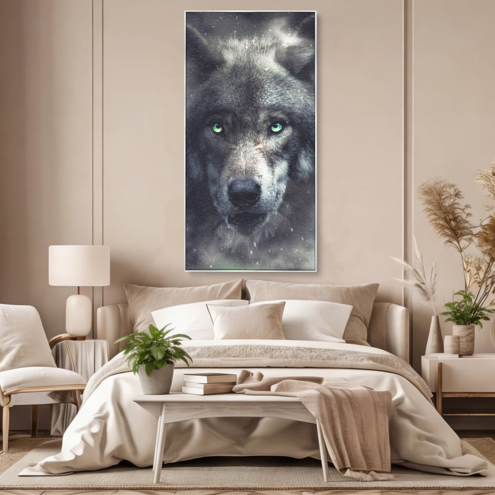 Leinwandbilder Premium, LuxCanva® M1461, Smaragdgrüner Blick, Augen, Intensiv, Mystisch, Tier, Geist, Geist, Nebel, Wolf, Magie, Rätsel, Abgrund, Nächtlich, Grün, Büro, Wohnen, Kinderzimmer