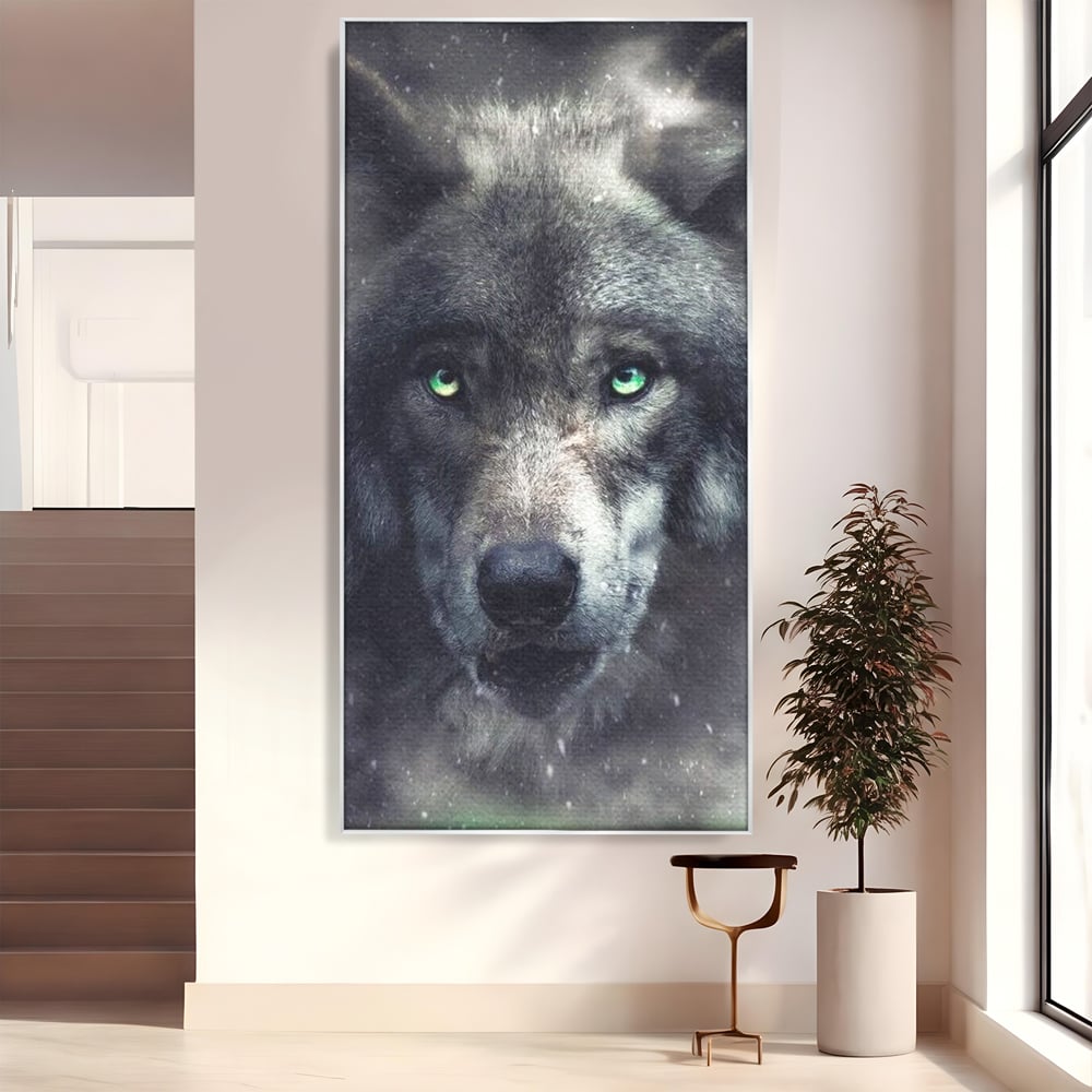 Leinwandbilder Premium, LuxCanva® M1461, Smaragdgrüner Blick, Augen, Intensiv, Mystisch, Tier, Geist, Geist, Nebel, Wolf, Magie, Rätsel, Abgrund, Nächtlich, Grün, Büro, Wohnen, Kinderzimmer
