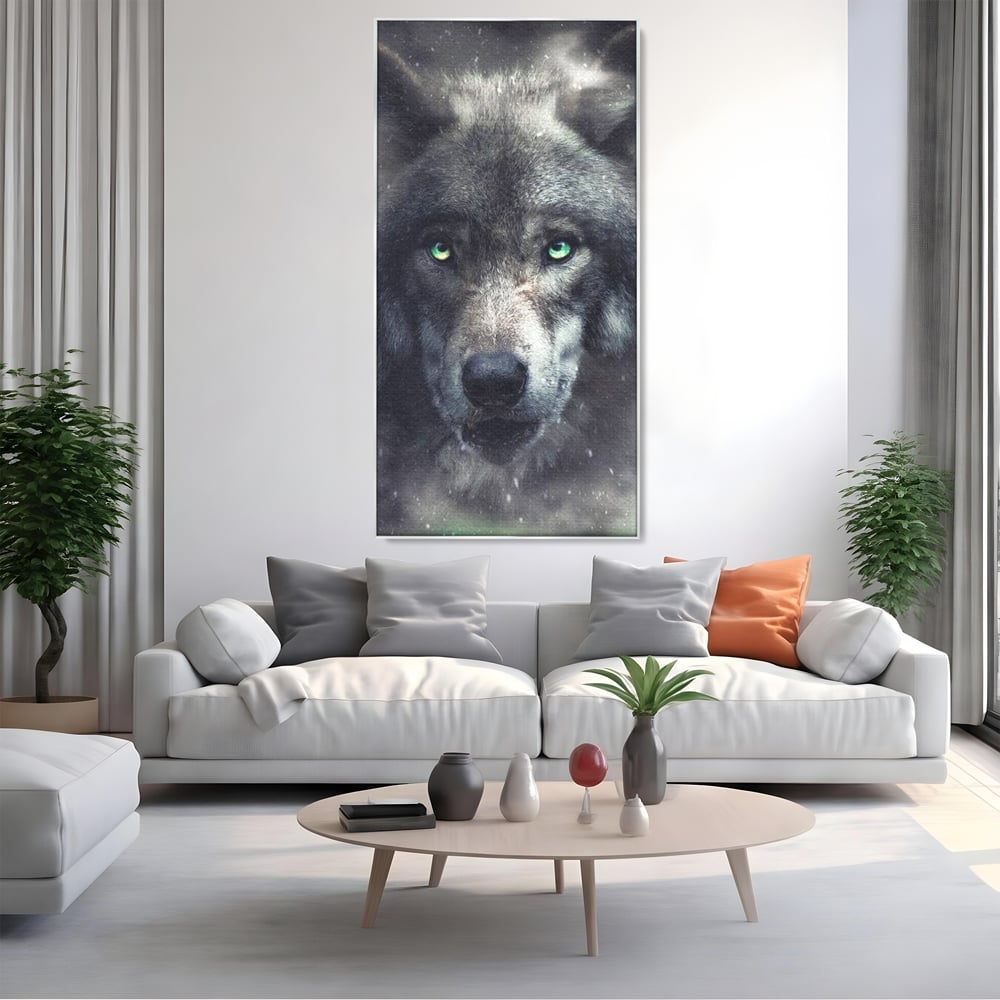Leinwandbilder Premium, LuxCanva® M1461, Smaragdgrüner Blick, Augen, Intensiv, Mystisch, Tier, Geist, Geist, Nebel, Wolf, Magie, Rätsel, Abgrund, Nächtlich, Grün, Büro, Wohnen, Kinderzimmer