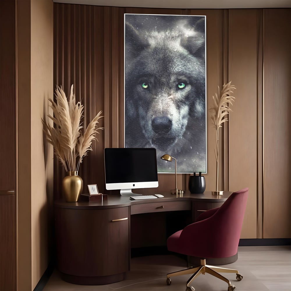 Leinwandbilder Premium, LuxCanva® M1461, Smaragdgrüner Blick, Augen, Intensiv, Mystisch, Tier, Geist, Geist, Nebel, Wolf, Magie, Rätsel, Abgrund, Nächtlich, Grün, Büro, Wohnen, Kinderzimmer