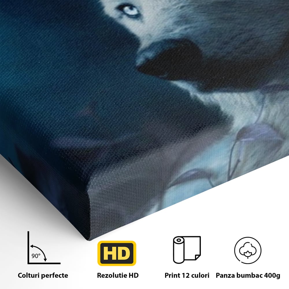 Leinwand Wandkunst Canvas Premium, LuxCanva® M1462, Unter dem Mond, Vollmond, Tier, Wolf, Wild, Natur, Nacht, Nacht, Stille, Rufen, Rufen, Blätter, Licht, Büro, Wohnen, Kinderzimmer
