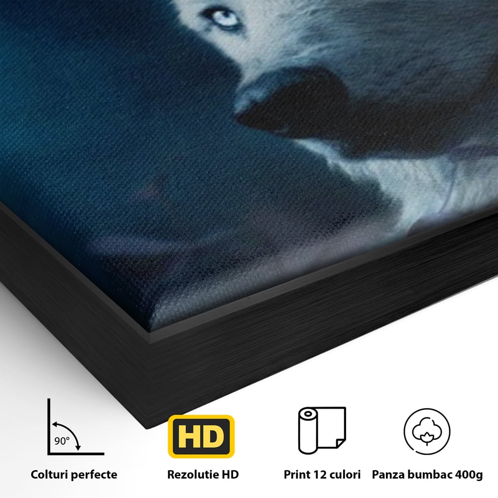 Leinwand Wandkunst Canvas Premium, LuxCanva® M1462, Unter dem Mond, Vollmond, Tier, Wolf, Wild, Natur, Nacht, Nacht, Stille, Rufen, Rufen, Blätter, Licht, Büro, Wohnen, Kinderzimmer