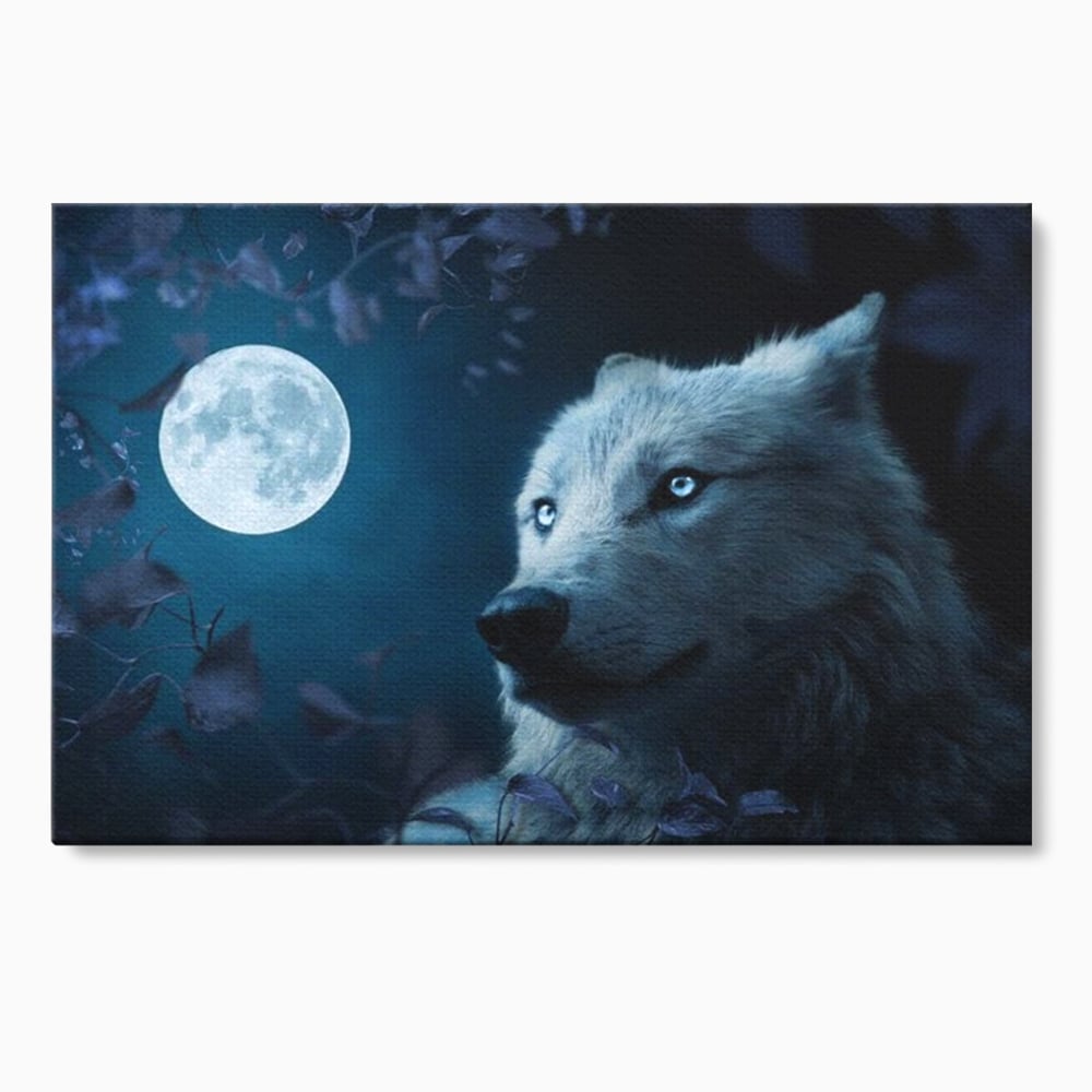 Leinwand Wandkunst Canvas Premium, LuxCanva® M1462, Unter dem Mond, Vollmond, Tier, Wolf, Wild, Natur, Nacht, Nacht, Stille, Rufen, Rufen, Blätter, Licht, Büro, Wohnen, Kinderzimmer