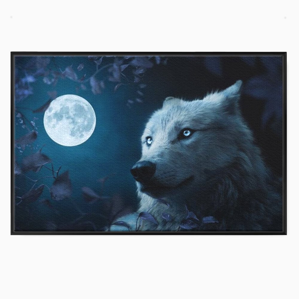 Leinwand Wandkunst Canvas Premium, LuxCanva® M1462, Unter dem Mond, Vollmond, Tier, Wolf, Wild, Natur, Nacht, Nacht, Stille, Rufen, Rufen, Blätter, Licht, Büro, Wohnen, Kinderzimmer