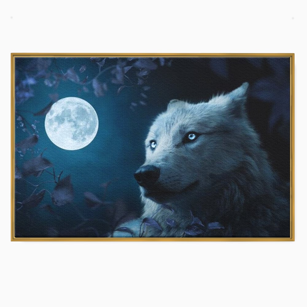 Leinwand Wandkunst Canvas Premium, LuxCanva® M1462, Unter dem Mond, Vollmond, Tier, Wolf, Wild, Natur, Nacht, Nacht, Stille, Rufen, Rufen, Blätter, Licht, Büro, Wohnen, Kinderzimmer