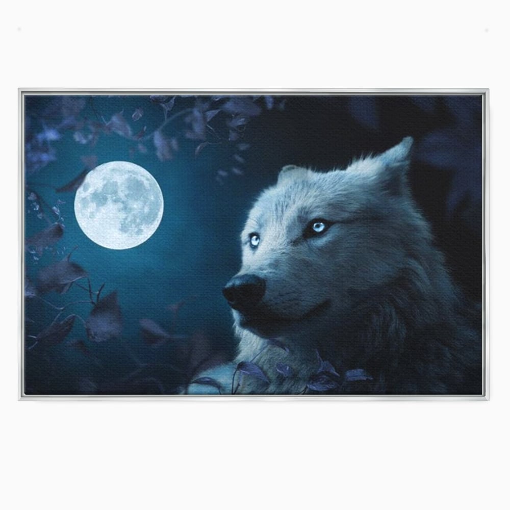Leinwand Wandkunst Canvas Premium, LuxCanva® M1462, Unter dem Mond, Vollmond, Tier, Wolf, Wild, Natur, Nacht, Nacht, Stille, Rufen, Rufen, Blätter, Licht, Büro, Wohnen, Kinderzimmer