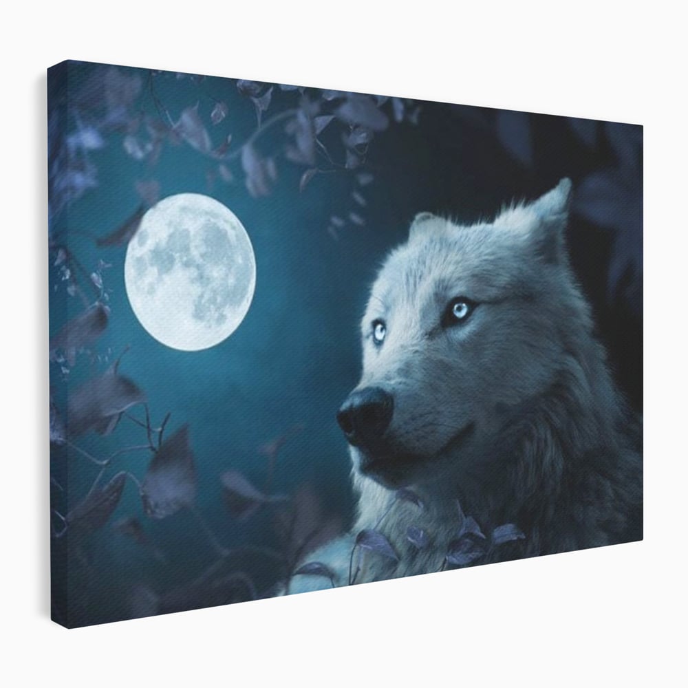 Leinwand Wandkunst Canvas Premium, LuxCanva® M1462, Unter dem Mond, Vollmond, Tier, Wolf, Wild, Natur, Nacht, Nacht, Stille, Rufen, Rufen, Blätter, Licht, Büro, Wohnen, Kinderzimmer