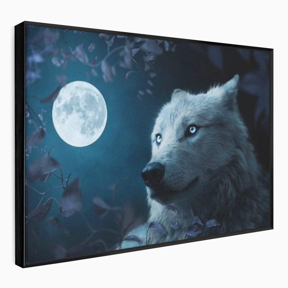 Leinwand Wandkunst Canvas Premium, LuxCanva® M1462, Unter dem Mond, Vollmond, Tier, Wolf, Wild, Natur, Nacht, Nacht, Stille, Rufen, Rufen, Blätter, Licht, Büro, Wohnen, Kinderzimmer