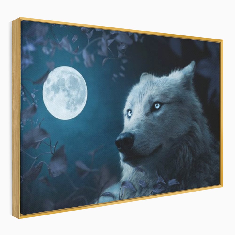 Leinwand Wandkunst Canvas Premium, LuxCanva® M1462, Unter dem Mond, Vollmond, Tier, Wolf, Wild, Natur, Nacht, Nacht, Stille, Rufen, Rufen, Blätter, Licht, Büro, Wohnen, Kinderzimmer