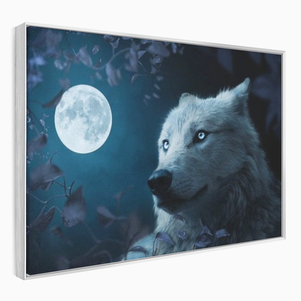 Leinwand Wandkunst Canvas Premium, LuxCanva® M1462, Unter dem Mond, Vollmond, Tier, Wolf, Wild, Natur, Nacht, Nacht, Stille, Rufen, Rufen, Blätter, Licht, Büro, Wohnen, Kinderzimmer