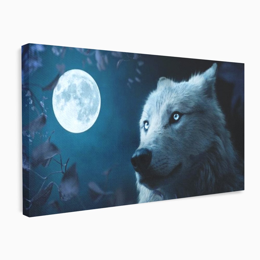 Leinwand Wandkunst Canvas Premium, LuxCanva® M1462, Unter dem Mond, Vollmond, Tier, Wolf, Wild, Natur, Nacht, Nacht, Stille, Rufen, Rufen, Blätter, Licht, Büro, Wohnen, Kinderzimmer